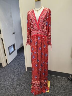 LTS Red Floral Boho Maxi Dress V Neck Smocked Waist Size 14